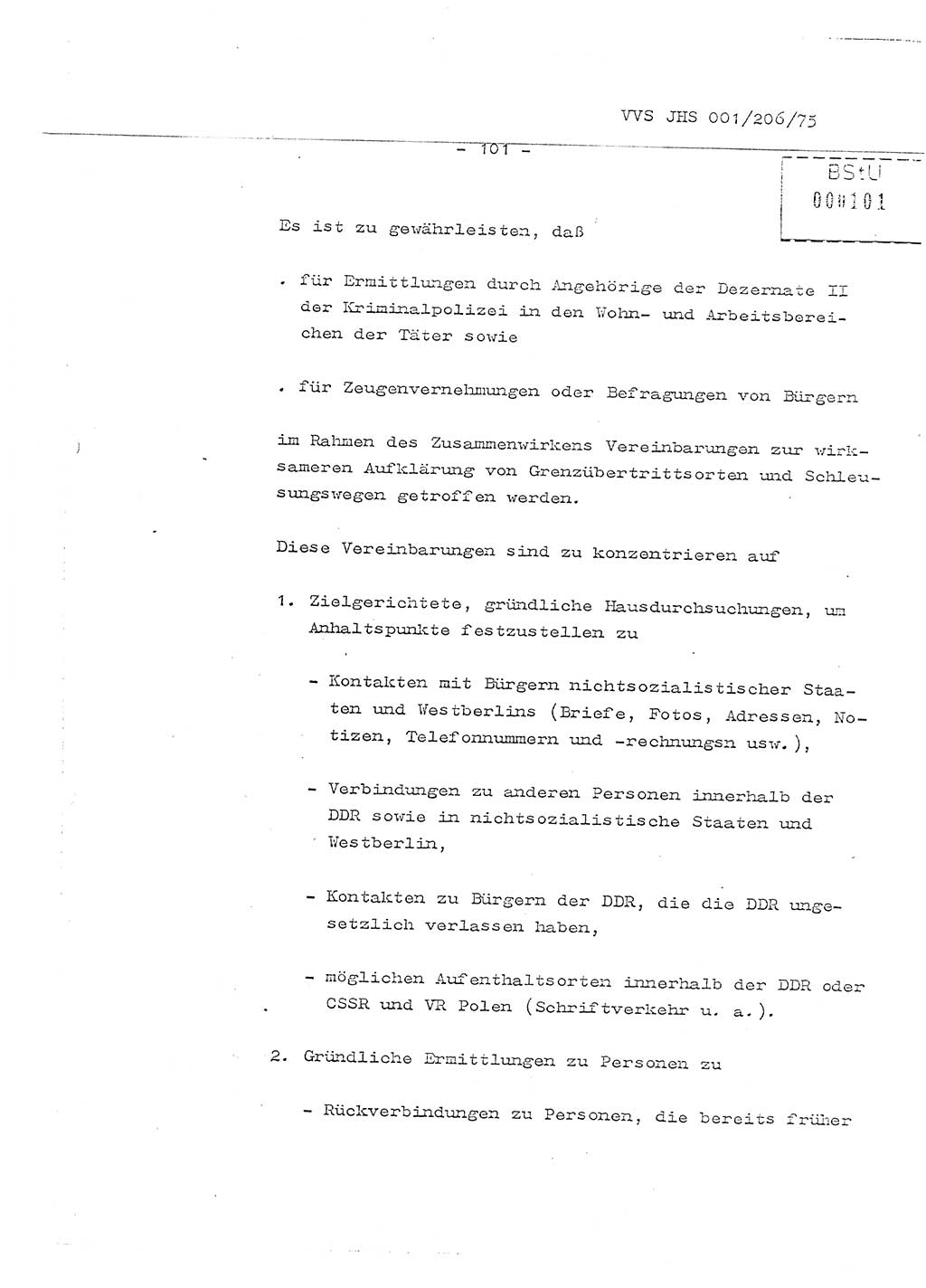 Organisierung der Vorbeugung, Aufklärung und Verhinderung des ungesetzlichen Verlassens der DDR und der Bekämpfung des staatsfeindlichen Menschenhandels, Schulungsmaterial, Ministerium für Staatssicherheit (MfS) [Deutsche Demokratische Republik (DDR)], Juristische Hochschule (JHS), Vertrauliche Verschlußsache (VVS) 001-206/75, Potsdam 1975, Seite 101 (Sch.-Mat. MfS DDR JHS VVS 001-206/75 1975, S. 101)