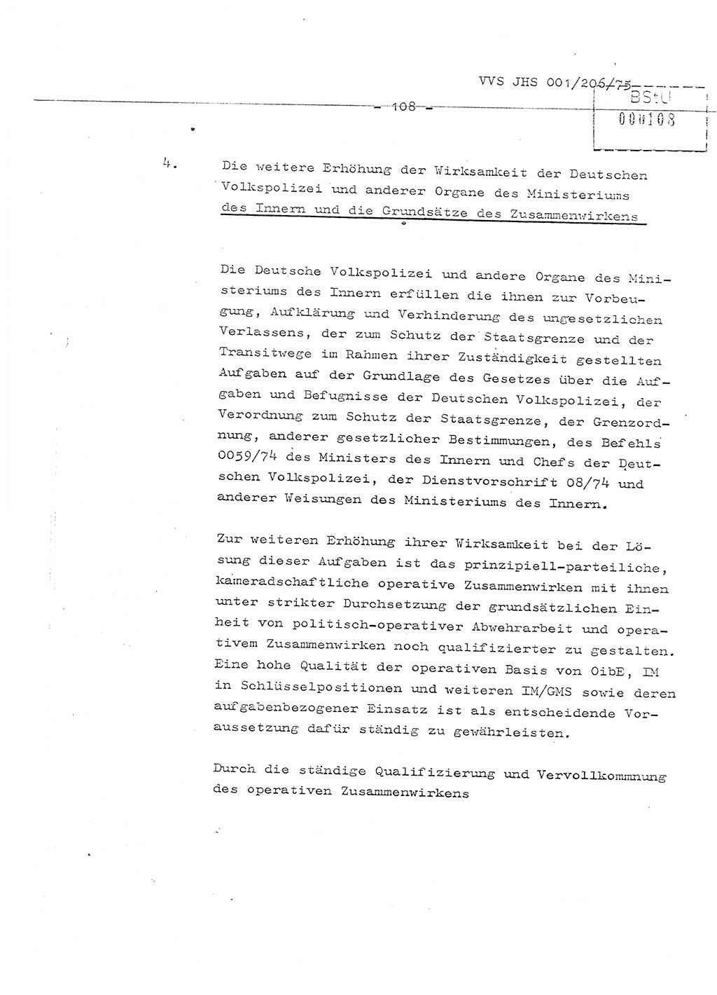 Organisierung der Vorbeugung, Aufklärung und Verhinderung des ungesetzlichen Verlassens der DDR und der Bekämpfung des staatsfeindlichen Menschenhandels, Schulungsmaterial, Ministerium für Staatssicherheit (MfS) [Deutsche Demokratische Republik (DDR)], Juristische Hochschule (JHS), Vertrauliche Verschlußsache (VVS) 001-206/75, Potsdam 1975, Seite 108 (Sch.-Mat. MfS DDR JHS VVS 001-206/75 1975, S. 108)