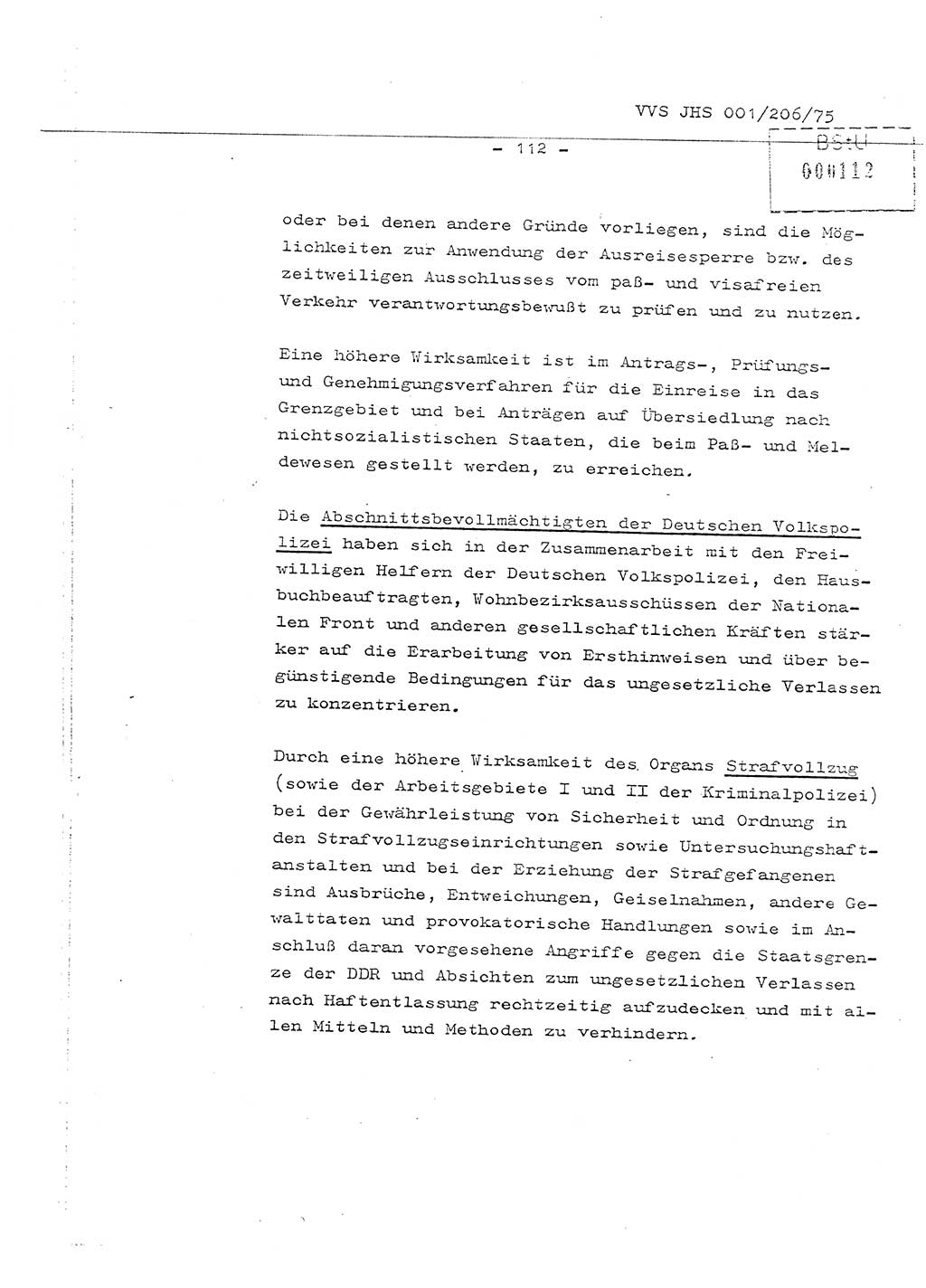 Organisierung der Vorbeugung, Aufklärung und Verhinderung des ungesetzlichen Verlassens der DDR und der Bekämpfung des staatsfeindlichen Menschenhandels, Schulungsmaterial, Ministerium für Staatssicherheit (MfS) [Deutsche Demokratische Republik (DDR)], Juristische Hochschule (JHS), Vertrauliche Verschlußsache (VVS) 001-206/75, Potsdam 1975, Seite 112 (Sch.-Mat. MfS DDR JHS VVS 001-206/75 1975, S. 112)