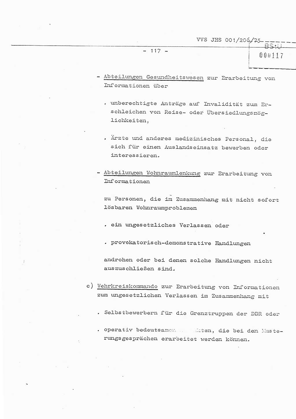 Organisierung der Vorbeugung, Aufklärung und Verhinderung des ungesetzlichen Verlassens der DDR und der Bekämpfung des staatsfeindlichen Menschenhandels, Schulungsmaterial, Ministerium für Staatssicherheit (MfS) [Deutsche Demokratische Republik (DDR)], Juristische Hochschule (JHS), Vertrauliche Verschlußsache (VVS) 001-206/75, Potsdam 1975, Seite 117 (Sch.-Mat. MfS DDR JHS VVS 001-206/75 1975, S. 117)