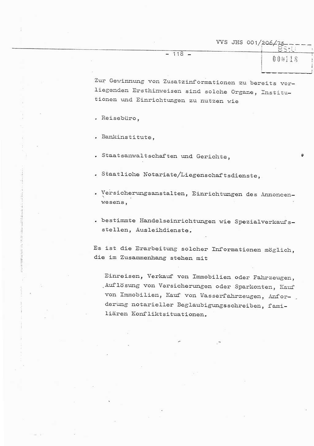 Organisierung der Vorbeugung, Aufklärung und Verhinderung des ungesetzlichen Verlassens der DDR und der Bekämpfung des staatsfeindlichen Menschenhandels, Schulungsmaterial, Ministerium für Staatssicherheit (MfS) [Deutsche Demokratische Republik (DDR)], Juristische Hochschule (JHS), Vertrauliche Verschlußsache (VVS) 001-206/75, Potsdam 1975, Seite 118 (Sch.-Mat. MfS DDR JHS VVS 001-206/75 1975, S. 118)