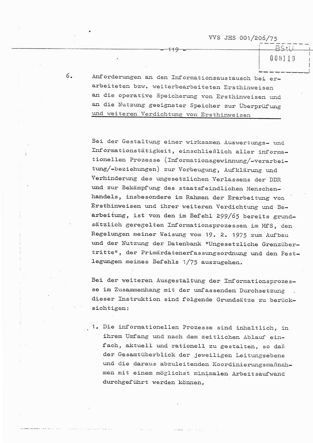 Organisierung der Vorbeugung, Aufklärung und Verhinderung des ungesetzlichen Verlassens der DDR und der Bekämpfung des staatsfeindlichen Menschenhandels, Schulungsmaterial, Ministerium für Staatssicherheit (MfS) [Deutsche Demokratische Republik (DDR)], Juristische Hochschule (JHS), Vertrauliche Verschlußsache (VVS) 001-206/75, Potsdam 1975, Seite 119 (Sch.-Mat. MfS DDR JHS VVS 001-206/75 1975, S. 119)