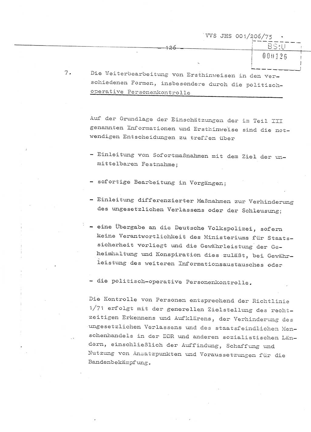 Organisierung der Vorbeugung, Aufklärung und Verhinderung des ungesetzlichen Verlassens der DDR und der Bekämpfung des staatsfeindlichen Menschenhandels, Schulungsmaterial, Ministerium für Staatssicherheit (MfS) [Deutsche Demokratische Republik (DDR)], Juristische Hochschule (JHS), Vertrauliche Verschlußsache (VVS) 001-206/75, Potsdam 1975, Seite 126 (Sch.-Mat. MfS DDR JHS VVS 001-206/75 1975, S. 126)