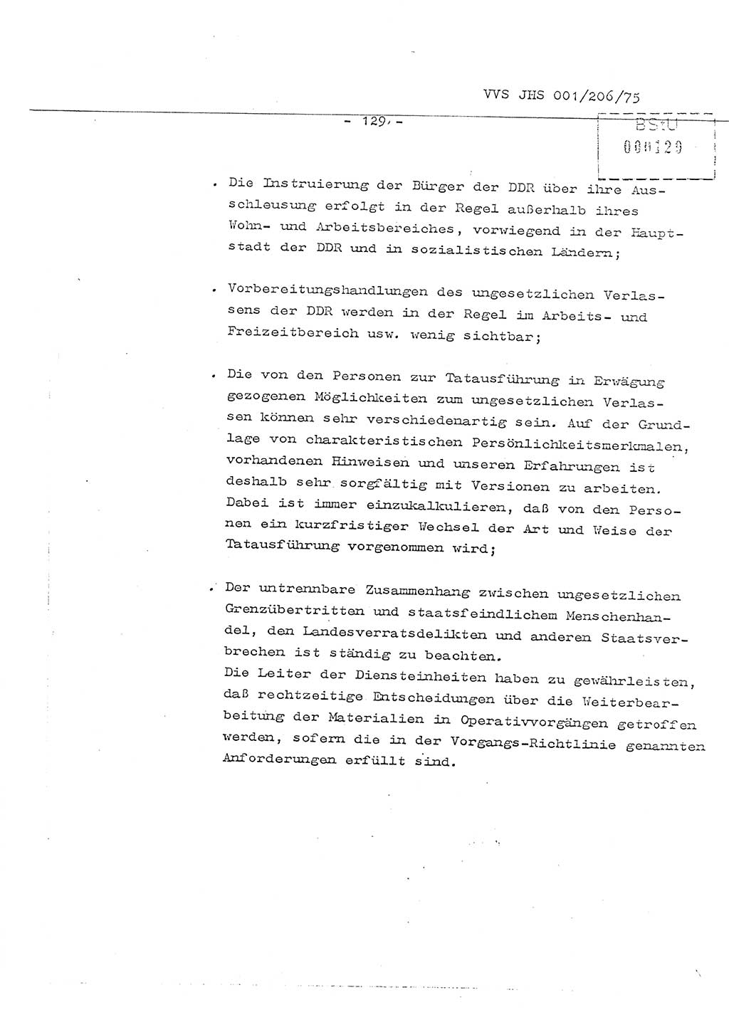 Organisierung der Vorbeugung, Aufklärung und Verhinderung des ungesetzlichen Verlassens der DDR und der Bekämpfung des staatsfeindlichen Menschenhandels, Schulungsmaterial, Ministerium für Staatssicherheit (MfS) [Deutsche Demokratische Republik (DDR)], Juristische Hochschule (JHS), Vertrauliche Verschlußsache (VVS) 001-206/75, Potsdam 1975, Seite 129 (Sch.-Mat. MfS DDR JHS VVS 001-206/75 1975, S. 129)