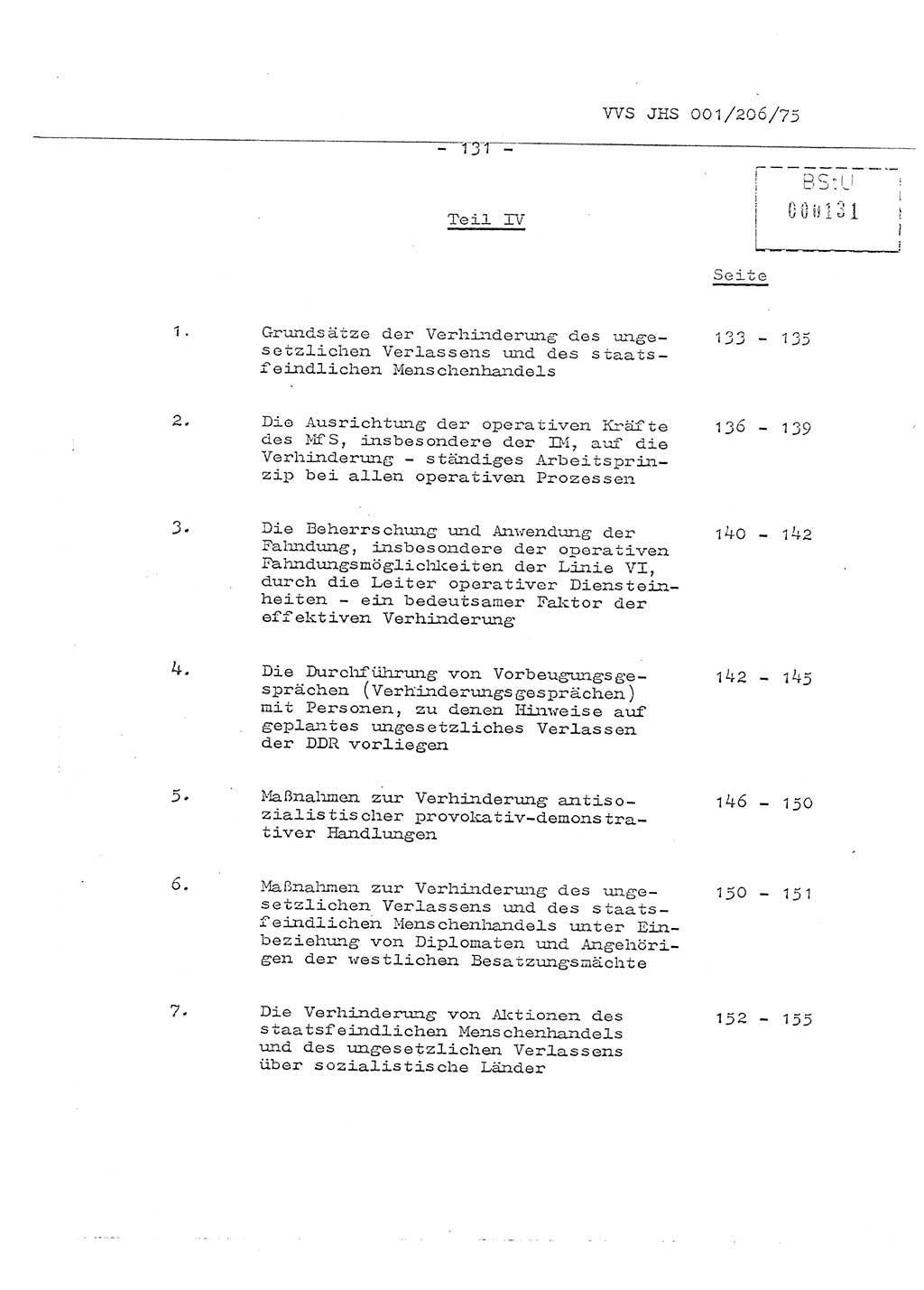 Organisierung der Vorbeugung, Aufklärung und Verhinderung des ungesetzlichen Verlassens der DDR und der Bekämpfung des staatsfeindlichen Menschenhandels, Schulungsmaterial, Ministerium für Staatssicherheit (MfS) [Deutsche Demokratische Republik (DDR)], Juristische Hochschule (JHS), Vertrauliche Verschlußsache (VVS) 001-206/75, Potsdam 1975, Seite 131 (Sch.-Mat. MfS DDR JHS VVS 001-206/75 1975, S. 131)