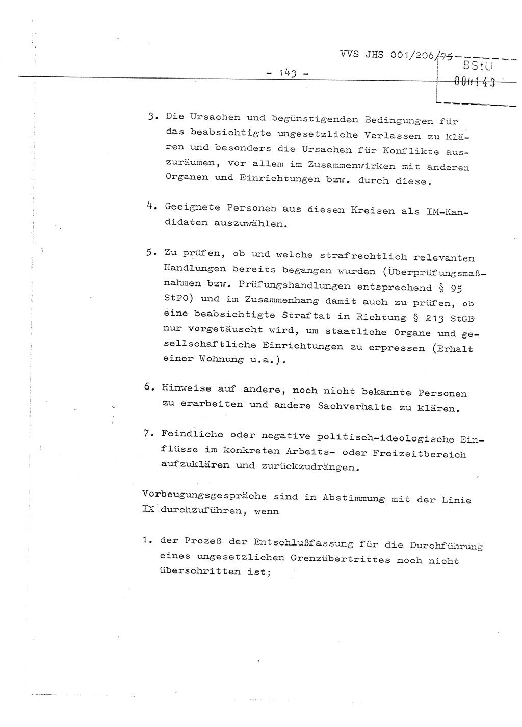 Organisierung der Vorbeugung, Aufklärung und Verhinderung des ungesetzlichen Verlassens der DDR und der Bekämpfung des staatsfeindlichen Menschenhandels, Schulungsmaterial, Ministerium für Staatssicherheit (MfS) [Deutsche Demokratische Republik (DDR)], Juristische Hochschule (JHS), Vertrauliche Verschlußsache (VVS) 001-206/75, Potsdam 1975, Seite 143 (Sch.-Mat. MfS DDR JHS VVS 001-206/75 1975, S. 143)