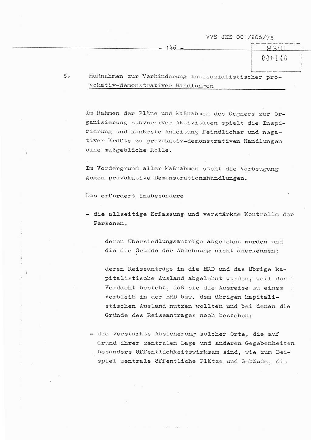 Organisierung der Vorbeugung, Aufklärung und Verhinderung des ungesetzlichen Verlassens der DDR und der Bekämpfung des staatsfeindlichen Menschenhandels, Schulungsmaterial, Ministerium für Staatssicherheit (MfS) [Deutsche Demokratische Republik (DDR)], Juristische Hochschule (JHS), Vertrauliche Verschlußsache (VVS) 001-206/75, Potsdam 1975, Seite 146 (Sch.-Mat. MfS DDR JHS VVS 001-206/75 1975, S. 146)