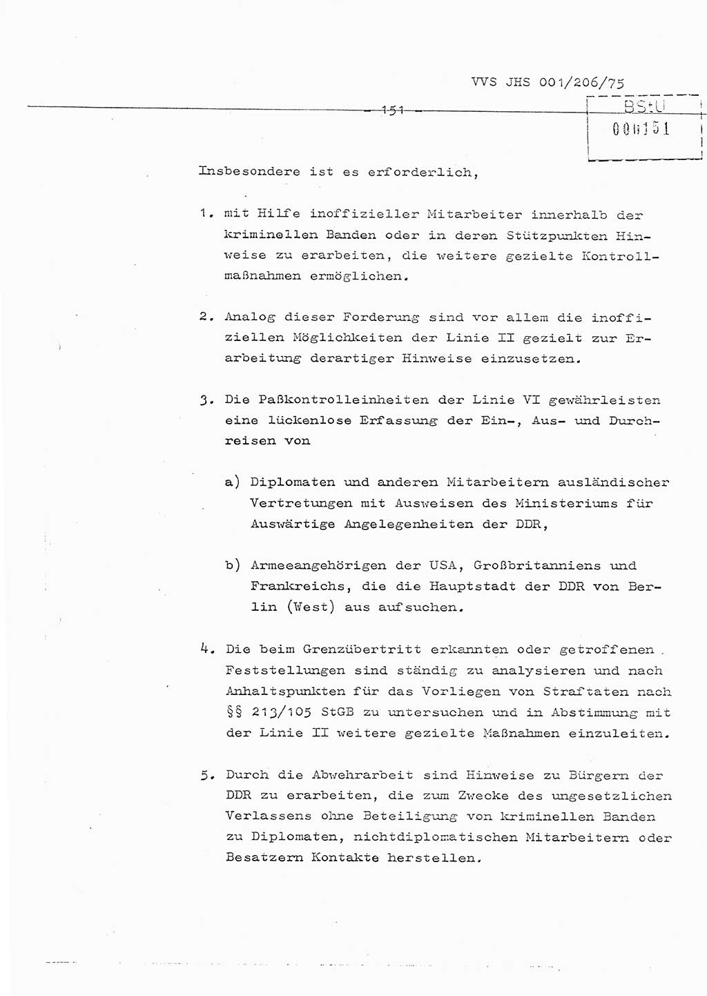 Organisierung der Vorbeugung, Aufklärung und Verhinderung des ungesetzlichen Verlassens der DDR und der Bekämpfung des staatsfeindlichen Menschenhandels, Schulungsmaterial, Ministerium für Staatssicherheit (MfS) [Deutsche Demokratische Republik (DDR)], Juristische Hochschule (JHS), Vertrauliche Verschlußsache (VVS) 001-206/75, Potsdam 1975, Seite 151 (Sch.-Mat. MfS DDR JHS VVS 001-206/75 1975, S. 151)