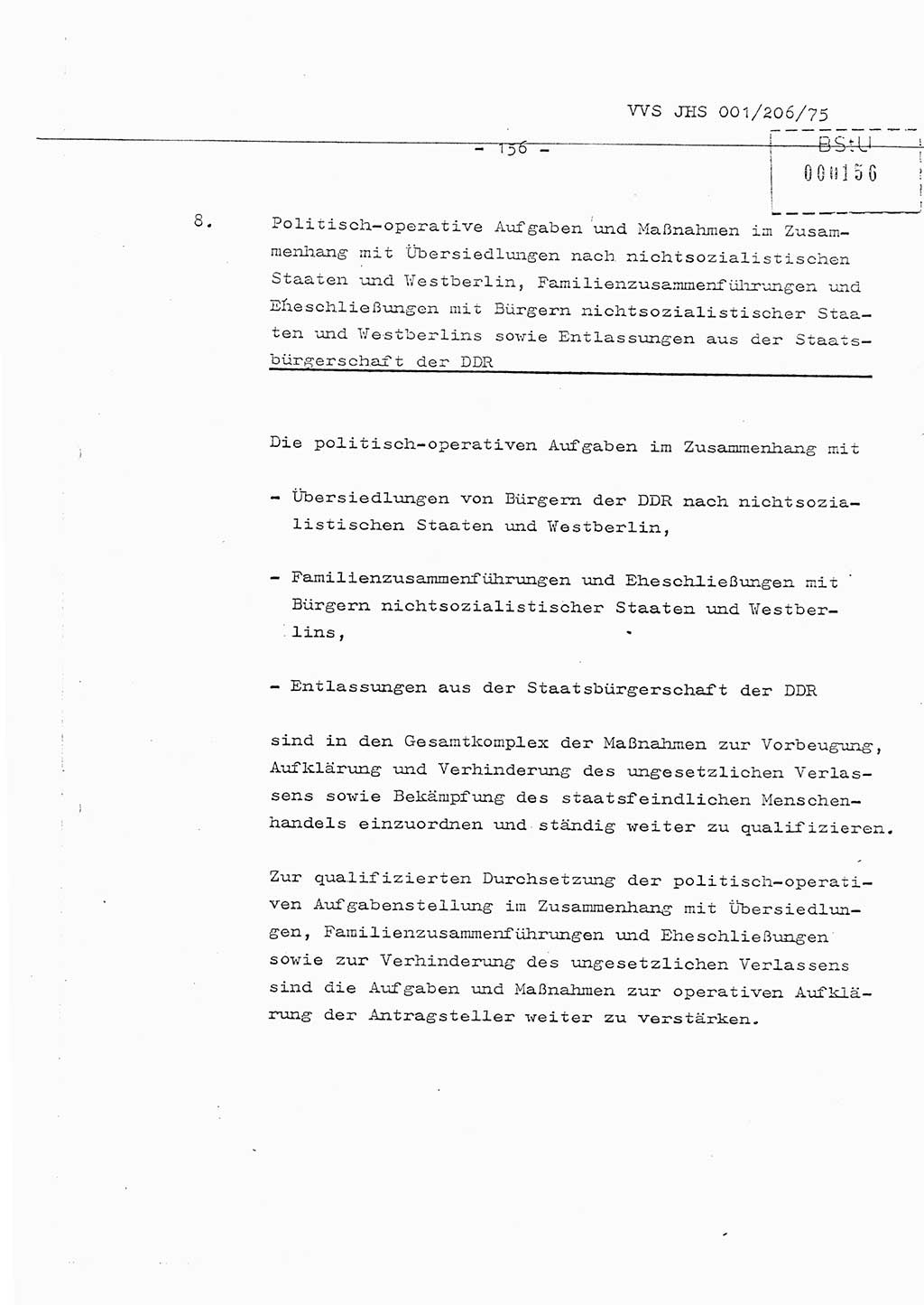 Organisierung der Vorbeugung, Aufklärung und Verhinderung des ungesetzlichen Verlassens der DDR und der Bekämpfung des staatsfeindlichen Menschenhandels, Schulungsmaterial, Ministerium für Staatssicherheit (MfS) [Deutsche Demokratische Republik (DDR)], Juristische Hochschule (JHS), Vertrauliche Verschlußsache (VVS) 001-206/75, Potsdam 1975, Seite 156 (Sch.-Mat. MfS DDR JHS VVS 001-206/75 1975, S. 156)