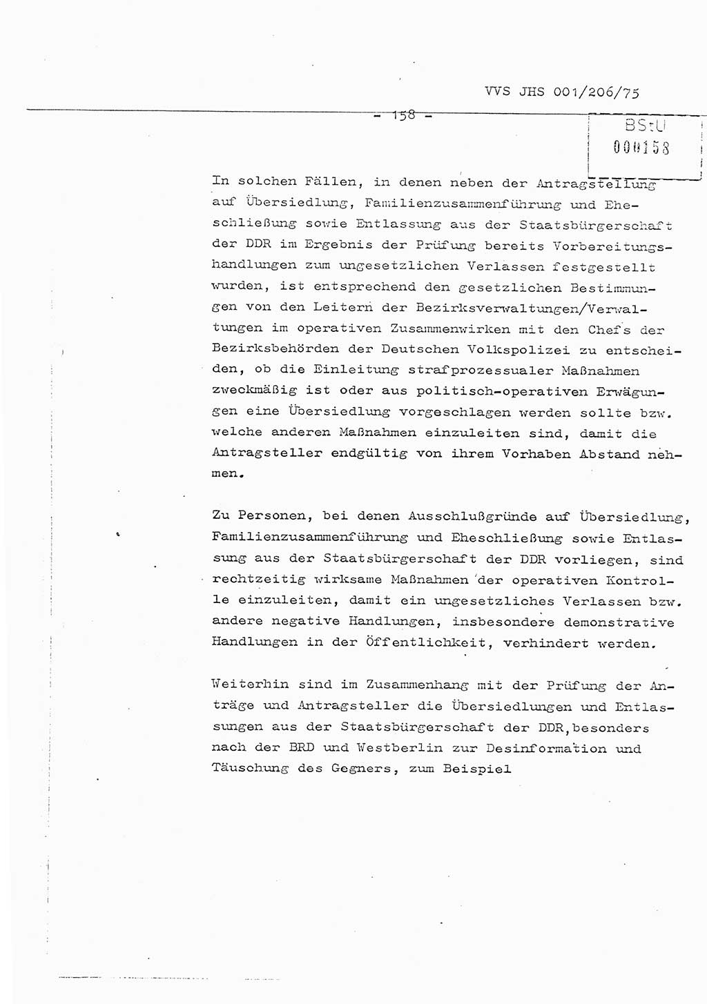 Organisierung der Vorbeugung, Aufklärung und Verhinderung des ungesetzlichen Verlassens der DDR und der Bekämpfung des staatsfeindlichen Menschenhandels, Schulungsmaterial, Ministerium für Staatssicherheit (MfS) [Deutsche Demokratische Republik (DDR)], Juristische Hochschule (JHS), Vertrauliche Verschlußsache (VVS) 001-206/75, Potsdam 1975, Seite 158 (Sch.-Mat. MfS DDR JHS VVS 001-206/75 1975, S. 158)