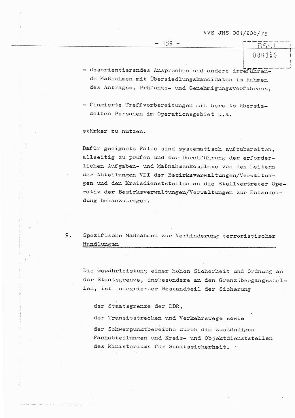 Organisierung der Vorbeugung, Aufklärung und Verhinderung des ungesetzlichen Verlassens der DDR und der Bekämpfung des staatsfeindlichen Menschenhandels, Schulungsmaterial, Ministerium für Staatssicherheit (MfS) [Deutsche Demokratische Republik (DDR)], Juristische Hochschule (JHS), Vertrauliche Verschlußsache (VVS) 001-206/75, Potsdam 1975, Seite 159 (Sch.-Mat. MfS DDR JHS VVS 001-206/75 1975, S. 159)