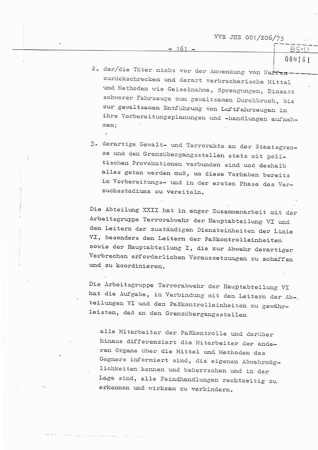 Organisierung der Vorbeugung, Aufklärung und Verhinderung des ungesetzlichen Verlassens der DDR und der Bekämpfung des staatsfeindlichen Menschenhandels, Schulungsmaterial, Ministerium für Staatssicherheit (MfS) [Deutsche Demokratische Republik (DDR)], Juristische Hochschule (JHS), Vertrauliche Verschlußsache (VVS) 001-206/75, Potsdam 1975, Seite 161 (Sch.-Mat. MfS DDR JHS VVS 001-206/75 1975, S. 161)