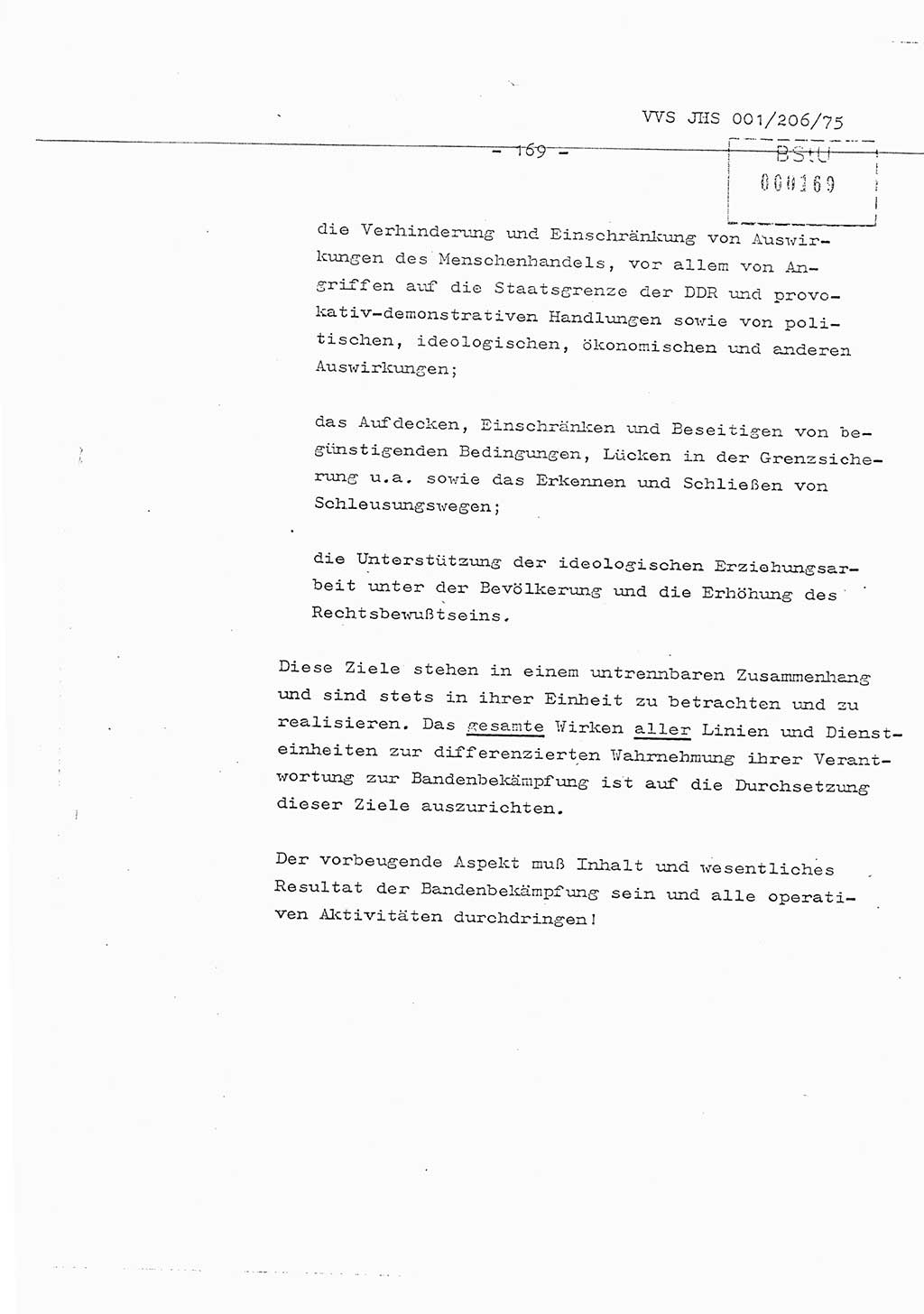 Organisierung der Vorbeugung, Aufklärung und Verhinderung des ungesetzlichen Verlassens der DDR und der Bekämpfung des staatsfeindlichen Menschenhandels, Schulungsmaterial, Ministerium für Staatssicherheit (MfS) [Deutsche Demokratische Republik (DDR)], Juristische Hochschule (JHS), Vertrauliche Verschlußsache (VVS) 001-206/75, Potsdam 1975, Seite 169 (Sch.-Mat. MfS DDR JHS VVS 001-206/75 1975, S. 169)