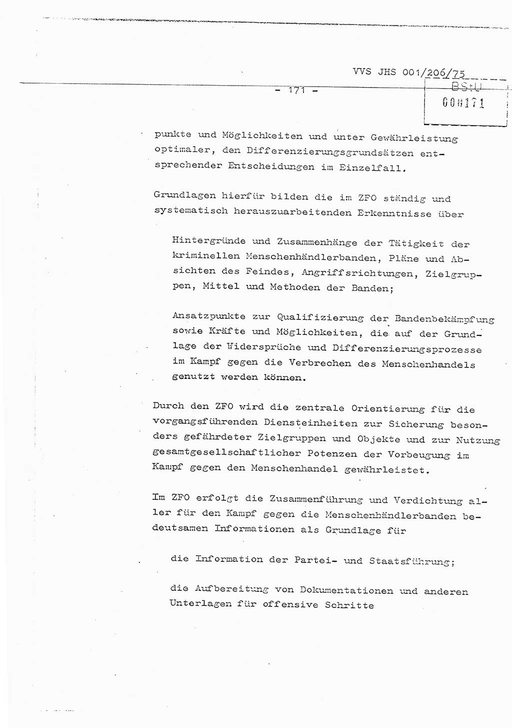 Organisierung der Vorbeugung, Aufklärung und Verhinderung des ungesetzlichen Verlassens der DDR und der Bekämpfung des staatsfeindlichen Menschenhandels, Schulungsmaterial, Ministerium für Staatssicherheit (MfS) [Deutsche Demokratische Republik (DDR)], Juristische Hochschule (JHS), Vertrauliche Verschlußsache (VVS) 001-206/75, Potsdam 1975, Seite 171 (Sch.-Mat. MfS DDR JHS VVS 001-206/75 1975, S. 171)