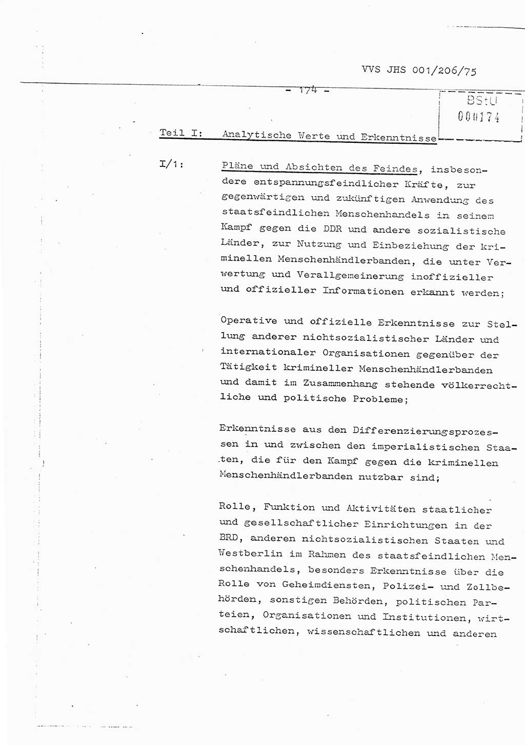 Organisierung der Vorbeugung, Aufklärung und Verhinderung des ungesetzlichen Verlassens der DDR und der Bekämpfung des staatsfeindlichen Menschenhandels, Schulungsmaterial, Ministerium für Staatssicherheit (MfS) [Deutsche Demokratische Republik (DDR)], Juristische Hochschule (JHS), Vertrauliche Verschlußsache (VVS) 001-206/75, Potsdam 1975, Seite 174 (Sch.-Mat. MfS DDR JHS VVS 001-206/75 1975, S. 174)