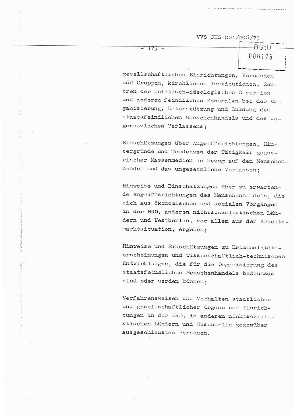 Organisierung der Vorbeugung, Aufklärung und Verhinderung des ungesetzlichen Verlassens der DDR und der Bekämpfung des staatsfeindlichen Menschenhandels, Schulungsmaterial, Ministerium für Staatssicherheit (MfS) [Deutsche Demokratische Republik (DDR)], Juristische Hochschule (JHS), Vertrauliche Verschlußsache (VVS) 001-206/75, Potsdam 1975, Seite 175 (Sch.-Mat. MfS DDR JHS VVS 001-206/75 1975, S. 175)