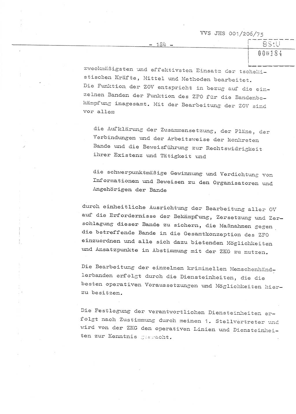 Organisierung der Vorbeugung, Aufklärung und Verhinderung des ungesetzlichen Verlassens der DDR und der Bekämpfung des staatsfeindlichen Menschenhandels, Schulungsmaterial, Ministerium für Staatssicherheit (MfS) [Deutsche Demokratische Republik (DDR)], Juristische Hochschule (JHS), Vertrauliche Verschlußsache (VVS) 001-206/75, Potsdam 1975, Seite 184 (Sch.-Mat. MfS DDR JHS VVS 001-206/75 1975, S. 184)