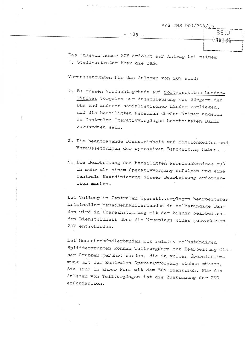 Organisierung der Vorbeugung, Aufklärung und Verhinderung des ungesetzlichen Verlassens der DDR und der Bekämpfung des staatsfeindlichen Menschenhandels, Schulungsmaterial, Ministerium für Staatssicherheit (MfS) [Deutsche Demokratische Republik (DDR)], Juristische Hochschule (JHS), Vertrauliche Verschlußsache (VVS) 001-206/75, Potsdam 1975, Seite 185 (Sch.-Mat. MfS DDR JHS VVS 001-206/75 1975, S. 185)