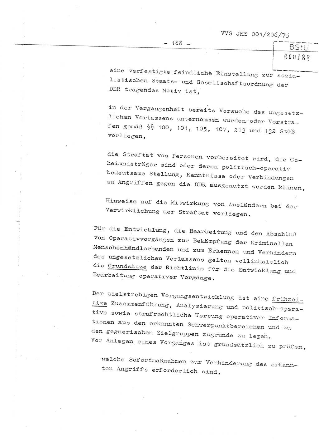 Organisierung der Vorbeugung, Aufklärung und Verhinderung des ungesetzlichen Verlassens der DDR und der Bekämpfung des staatsfeindlichen Menschenhandels, Schulungsmaterial, Ministerium für Staatssicherheit (MfS) [Deutsche Demokratische Republik (DDR)], Juristische Hochschule (JHS), Vertrauliche Verschlußsache (VVS) 001-206/75, Potsdam 1975, Seite 188 (Sch.-Mat. MfS DDR JHS VVS 001-206/75 1975, S. 188)