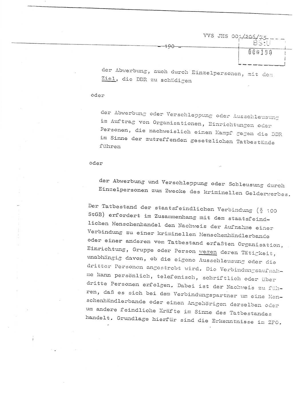 Organisierung der Vorbeugung, Aufklärung und Verhinderung des ungesetzlichen Verlassens der DDR und der Bekämpfung des staatsfeindlichen Menschenhandels, Schulungsmaterial, Ministerium für Staatssicherheit (MfS) [Deutsche Demokratische Republik (DDR)], Juristische Hochschule (JHS), Vertrauliche Verschlußsache (VVS) 001-206/75, Potsdam 1975, Seite 190 (Sch.-Mat. MfS DDR JHS VVS 001-206/75 1975, S. 190)