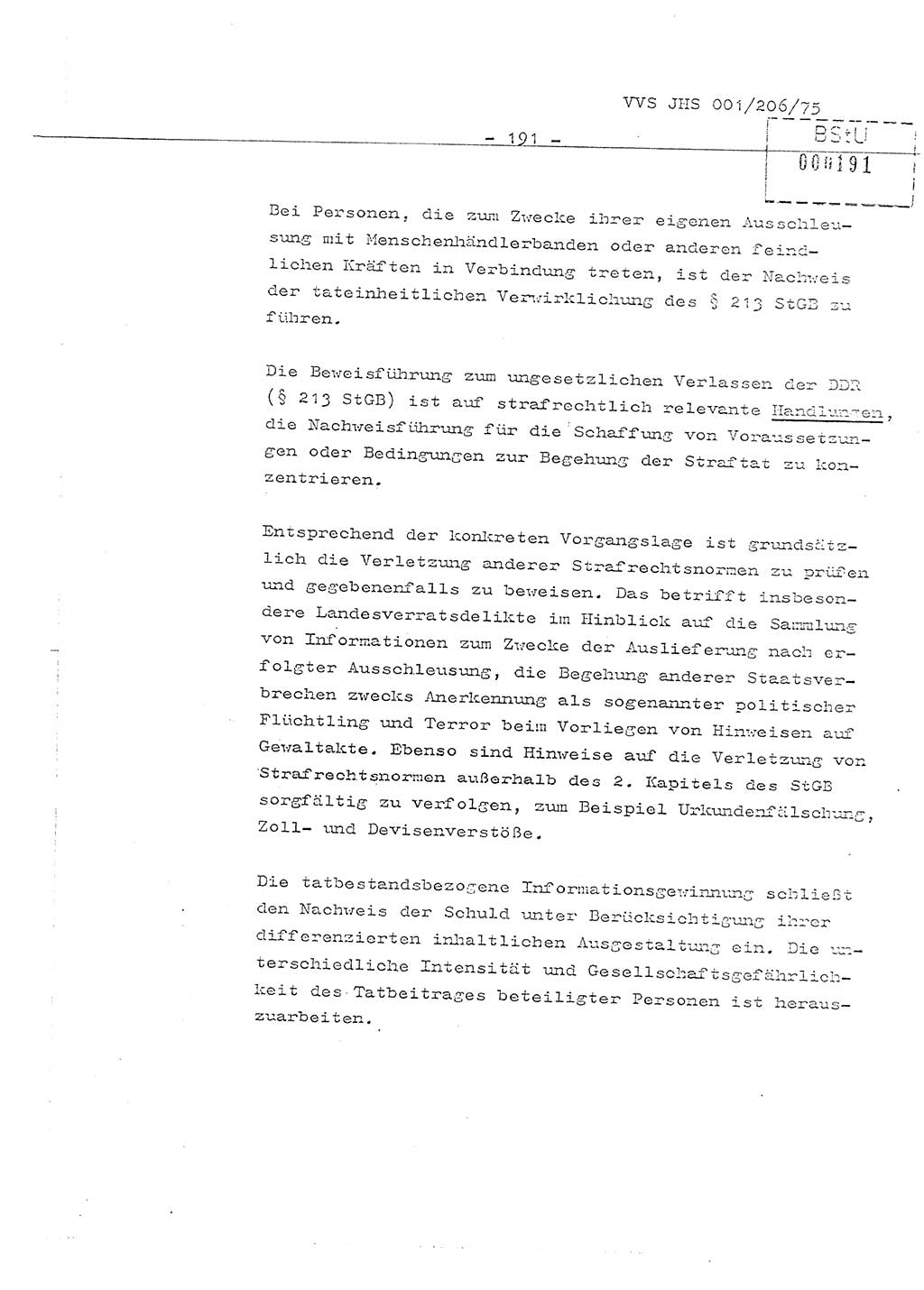 Organisierung der Vorbeugung, Aufklärung und Verhinderung des ungesetzlichen Verlassens der DDR und der Bekämpfung des staatsfeindlichen Menschenhandels, Schulungsmaterial, Ministerium für Staatssicherheit (MfS) [Deutsche Demokratische Republik (DDR)], Juristische Hochschule (JHS), Vertrauliche Verschlußsache (VVS) 001-206/75, Potsdam 1975, Seite 191 (Sch.-Mat. MfS DDR JHS VVS 001-206/75 1975, S. 191)