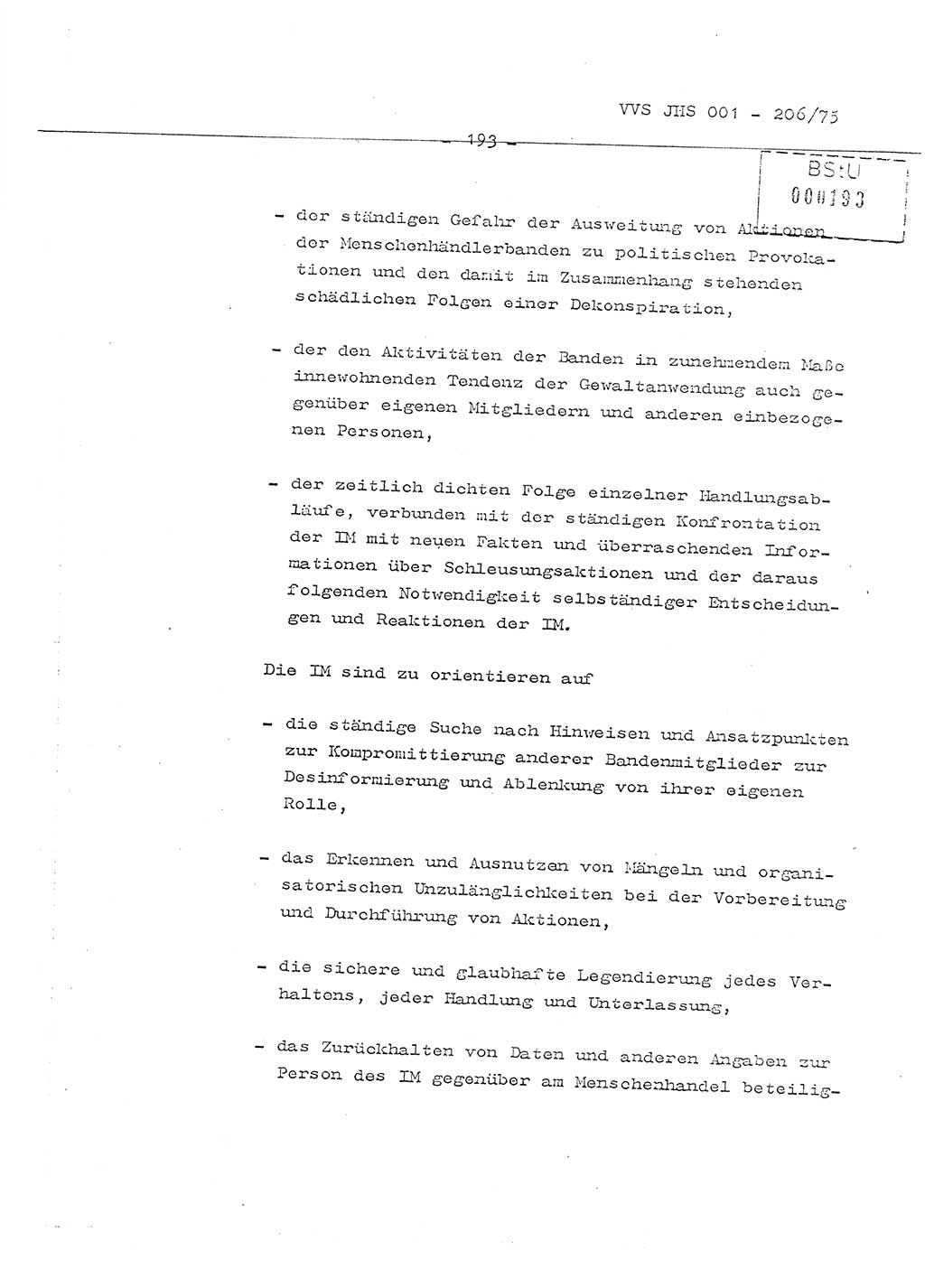 Organisierung der Vorbeugung, Aufklärung und Verhinderung des ungesetzlichen Verlassens der DDR und der Bekämpfung des staatsfeindlichen Menschenhandels, Schulungsmaterial, Ministerium für Staatssicherheit (MfS) [Deutsche Demokratische Republik (DDR)], Juristische Hochschule (JHS), Vertrauliche Verschlußsache (VVS) 001-206/75, Potsdam 1975, Seite 193 (Sch.-Mat. MfS DDR JHS VVS 001-206/75 1975, S. 193)