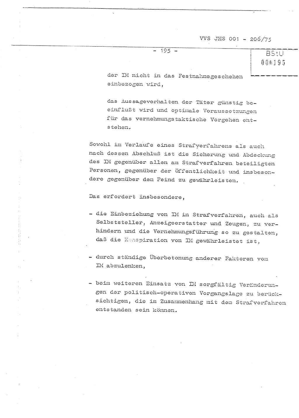 Organisierung der Vorbeugung, Aufklärung und Verhinderung des ungesetzlichen Verlassens der DDR und der Bekämpfung des staatsfeindlichen Menschenhandels, Schulungsmaterial, Ministerium für Staatssicherheit (MfS) [Deutsche Demokratische Republik (DDR)], Juristische Hochschule (JHS), Vertrauliche Verschlußsache (VVS) 001-206/75, Potsdam 1975, Seite 195 (Sch.-Mat. MfS DDR JHS VVS 001-206/75 1975, S. 195)