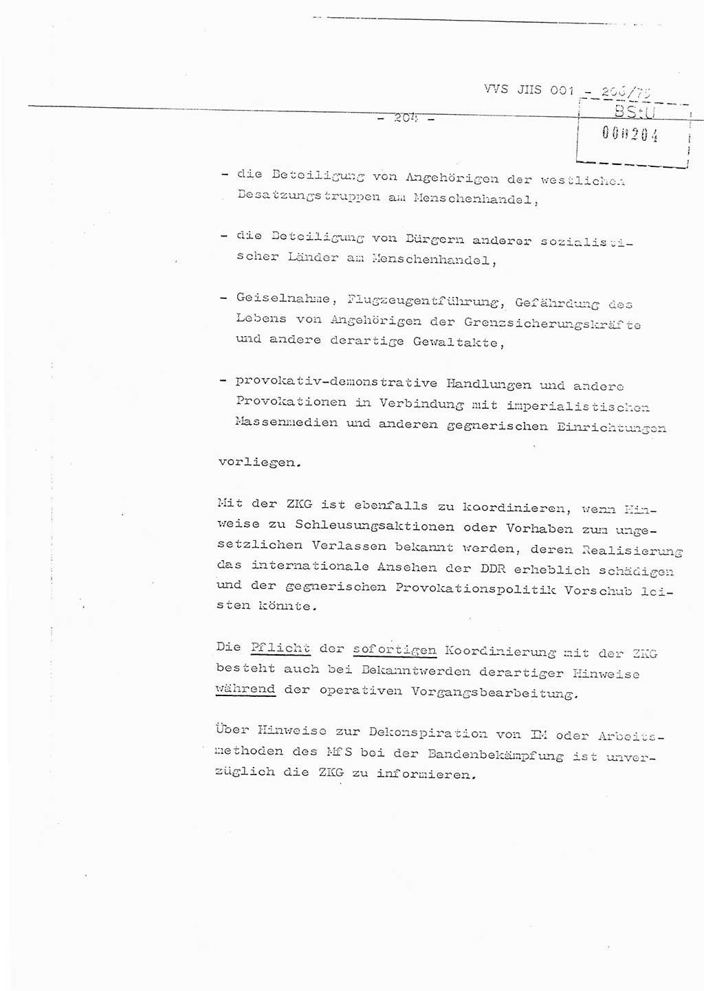 Organisierung der Vorbeugung, Aufklärung und Verhinderung des ungesetzlichen Verlassens der DDR und der Bekämpfung des staatsfeindlichen Menschenhandels, Schulungsmaterial, Ministerium für Staatssicherheit (MfS) [Deutsche Demokratische Republik (DDR)], Juristische Hochschule (JHS), Vertrauliche Verschlußsache (VVS) 001-206/75, Potsdam 1975, Seite 204 (Sch.-Mat. MfS DDR JHS VVS 001-206/75 1975, S. 204)