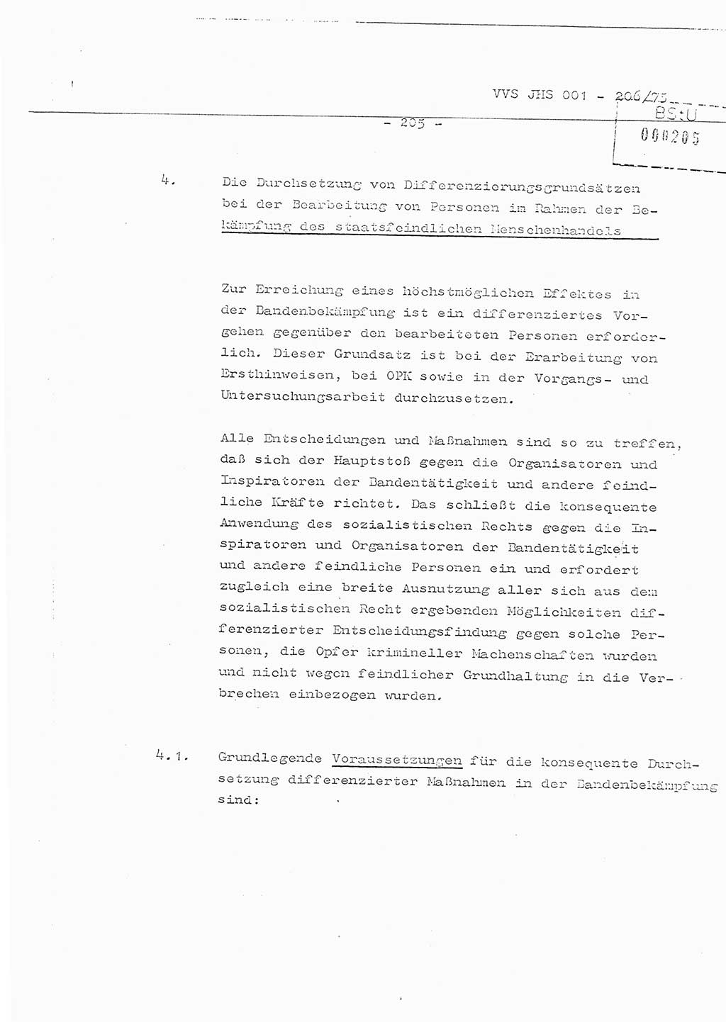 Organisierung der Vorbeugung, Aufklärung und Verhinderung des ungesetzlichen Verlassens der DDR und der Bekämpfung des staatsfeindlichen Menschenhandels, Schulungsmaterial, Ministerium für Staatssicherheit (MfS) [Deutsche Demokratische Republik (DDR)], Juristische Hochschule (JHS), Vertrauliche Verschlußsache (VVS) 001-206/75, Potsdam 1975, Seite 205 (Sch.-Mat. MfS DDR JHS VVS 001-206/75 1975, S. 205)