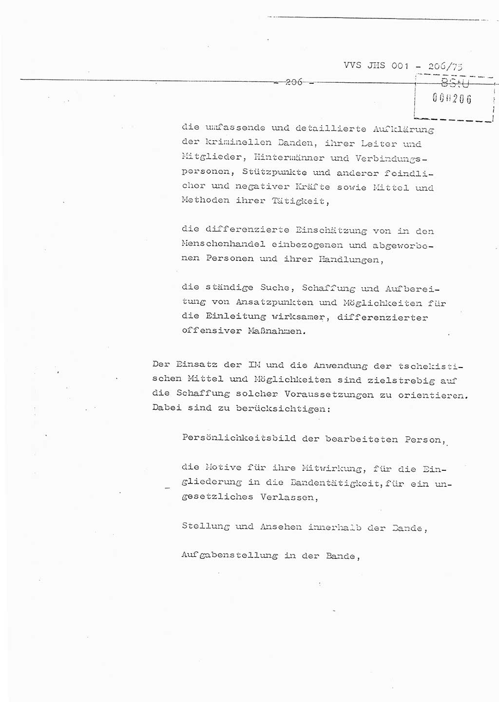 Organisierung der Vorbeugung, Aufklärung und Verhinderung des ungesetzlichen Verlassens der DDR und der Bekämpfung des staatsfeindlichen Menschenhandels, Schulungsmaterial, Ministerium für Staatssicherheit (MfS) [Deutsche Demokratische Republik (DDR)], Juristische Hochschule (JHS), Vertrauliche Verschlußsache (VVS) 001-206/75, Potsdam 1975, Seite 206 (Sch.-Mat. MfS DDR JHS VVS 001-206/75 1975, S. 206)