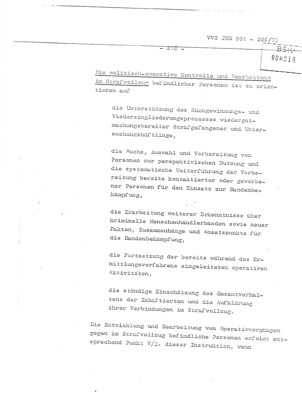 Organisierung der Vorbeugung, Aufklärung und Verhinderung des ungesetzlichen Verlassens der DDR und der Bekämpfung des staatsfeindlichen Menschenhandels, Schulungsmaterial, Ministerium für Staatssicherheit (MfS) [Deutsche Demokratische Republik (DDR)], Juristische Hochschule (JHS), Vertrauliche Verschlußsache (VVS) 001-206/75, Potsdam 1975, Seite 218 (Sch.-Mat. MfS DDR JHS VVS 001-206/75 1975, S. 218)