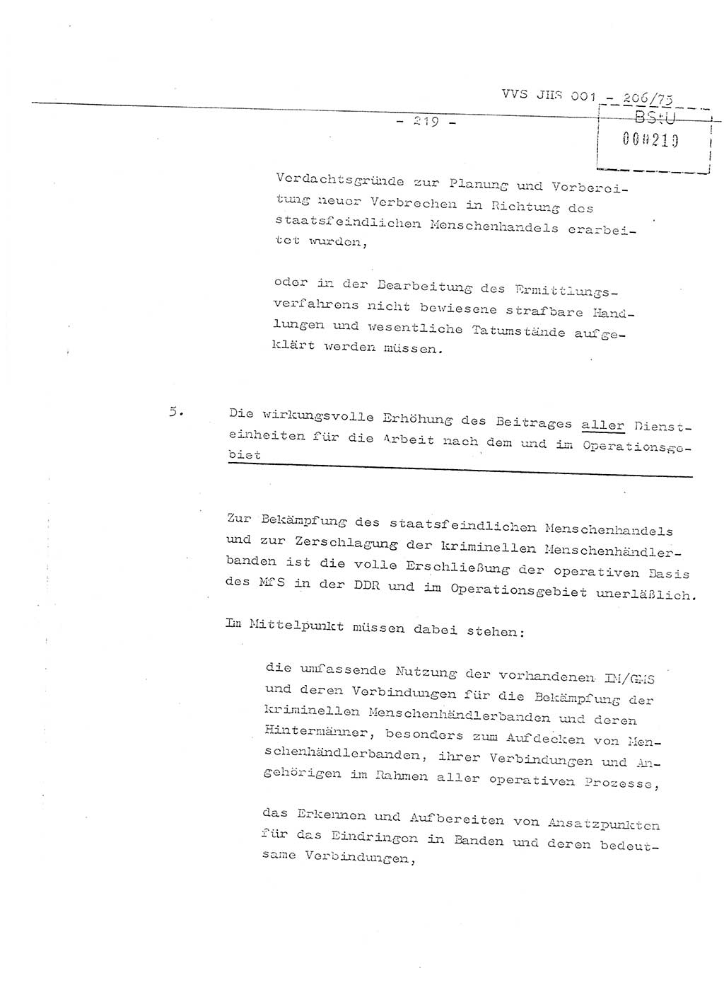 Organisierung der Vorbeugung, Aufklärung und Verhinderung des ungesetzlichen Verlassens der DDR und der Bekämpfung des staatsfeindlichen Menschenhandels, Schulungsmaterial, Ministerium für Staatssicherheit (MfS) [Deutsche Demokratische Republik (DDR)], Juristische Hochschule (JHS), Vertrauliche Verschlußsache (VVS) 001-206/75, Potsdam 1975, Seite 219 (Sch.-Mat. MfS DDR JHS VVS 001-206/75 1975, S. 219)