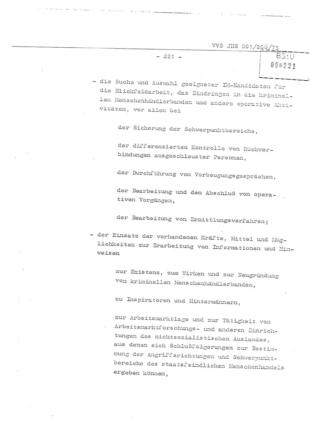 Organisierung der Vorbeugung, Aufklärung und Verhinderung des ungesetzlichen Verlassens der DDR und der Bekämpfung des staatsfeindlichen Menschenhandels, Schulungsmaterial, Ministerium für Staatssicherheit (MfS) [Deutsche Demokratische Republik (DDR)], Juristische Hochschule (JHS), Vertrauliche Verschlußsache (VVS) 001-206/75, Potsdam 1975, Seite 221 (Sch.-Mat. MfS DDR JHS VVS 001-206/75 1975, S. 221)