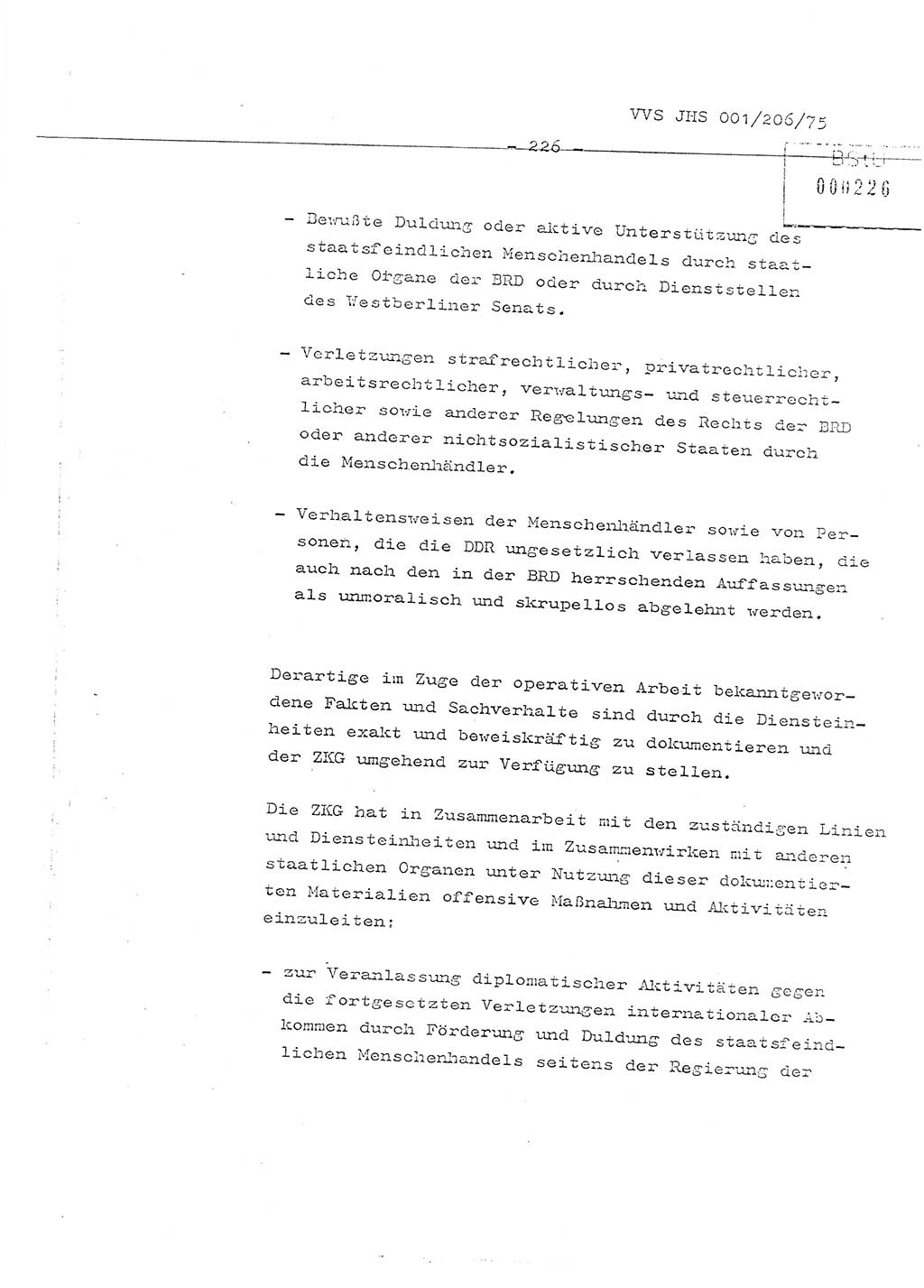 Organisierung der Vorbeugung, Aufklärung und Verhinderung des ungesetzlichen Verlassens der DDR und der Bekämpfung des staatsfeindlichen Menschenhandels, Schulungsmaterial, Ministerium für Staatssicherheit (MfS) [Deutsche Demokratische Republik (DDR)], Juristische Hochschule (JHS), Vertrauliche Verschlußsache (VVS) 001-206/75, Potsdam 1975, Seite 226 (Sch.-Mat. MfS DDR JHS VVS 001-206/75 1975, S. 226)