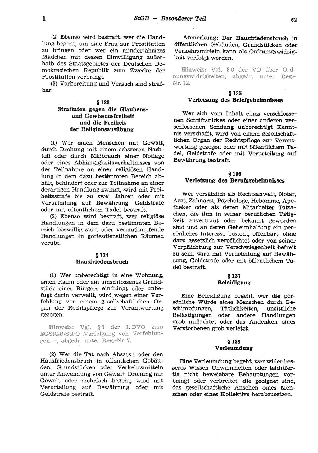 Strafgesetzbuch (StGB) der Deutschen Demokratischen Republik (DDR) und angrenzende Gesetze und Bestimmungen 1975, Seite 62 (StGB DDR Ges. Best. 1975, S. 62)