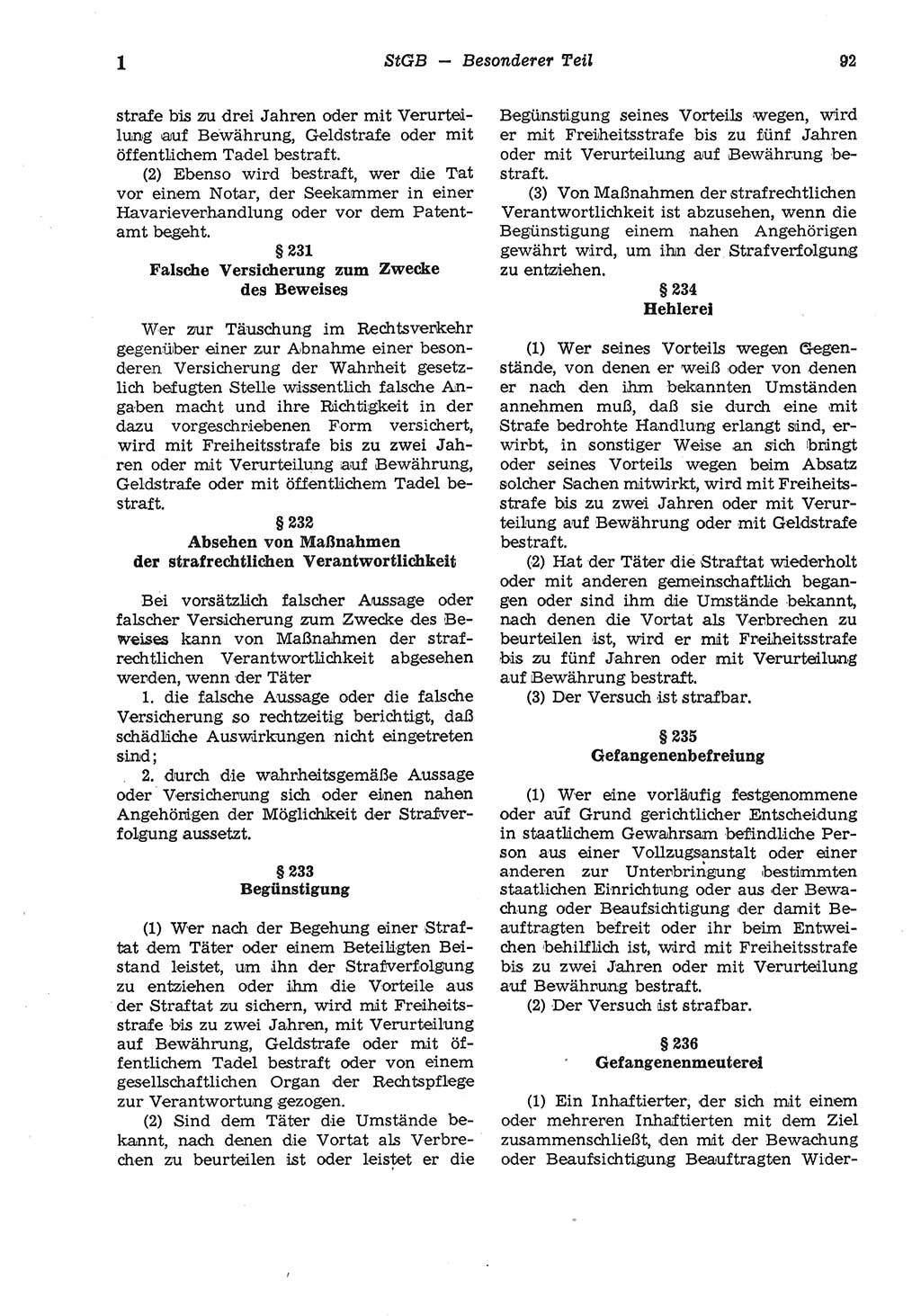 Strafgesetzbuch (StGB) der Deutschen Demokratischen Republik (DDR) und angrenzende Gesetze und Bestimmungen 1975, Seite 92 (StGB DDR Ges. Best. 1975, S. 92)