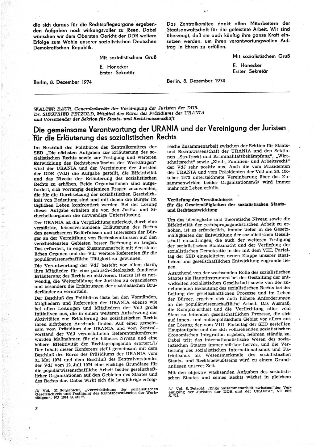 Neue Justiz (NJ), Zeitschrift für Recht und Rechtswissenschaft [Deutsche Demokratische Republik (DDR)], 29. Jahrgang 1975, Seite 2 (NJ DDR 1975, S. 2)