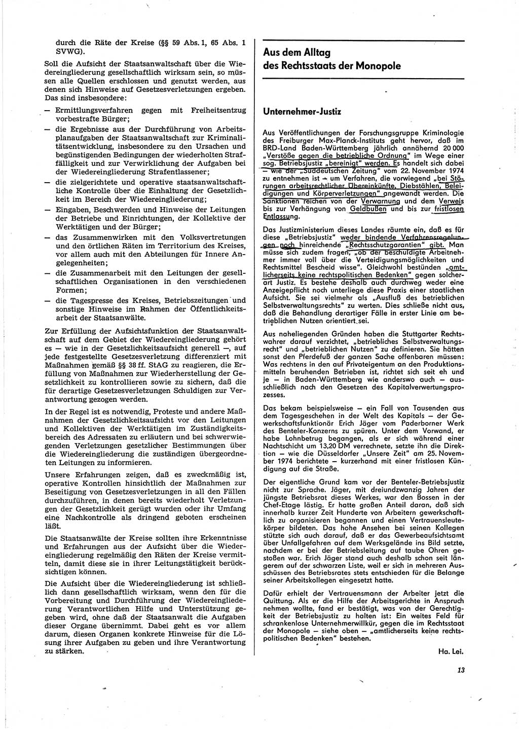 Neue Justiz (NJ), Zeitschrift für Recht und Rechtswissenschaft [Deutsche Demokratische Republik (DDR)], 29. Jahrgang 1975, Seite 13 (NJ DDR 1975, S. 13)