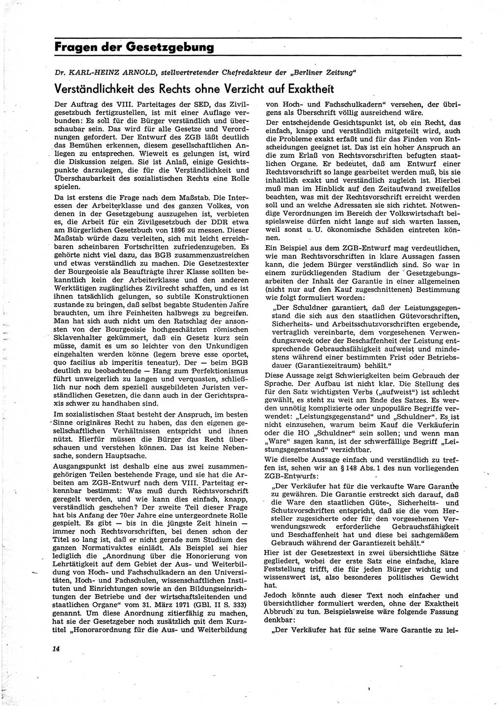 Neue Justiz (NJ), Zeitschrift für Recht und Rechtswissenschaft [Deutsche Demokratische Republik (DDR)], 29. Jahrgang 1975, Seite 14 (NJ DDR 1975, S. 14)