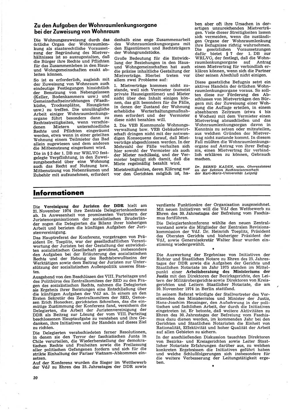 Neue Justiz (NJ), Zeitschrift für Recht und Rechtswissenschaft [Deutsche Demokratische Republik (DDR)], 29. Jahrgang 1975, Seite 20 (NJ DDR 1975, S. 20)