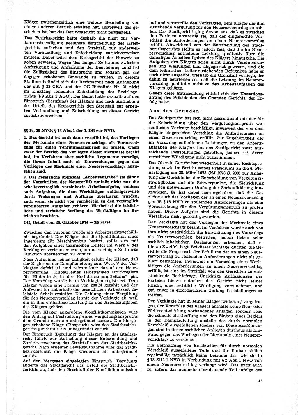 Neue Justiz (NJ), Zeitschrift für Recht und Rechtswissenschaft [Deutsche Demokratische Republik (DDR)], 29. Jahrgang 1975, Seite 31 (NJ DDR 1975, S. 31)