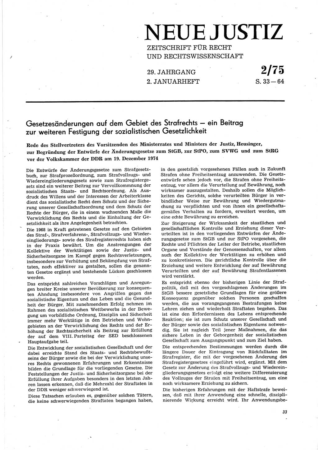 Neue Justiz (NJ), Zeitschrift für Recht und Rechtswissenschaft [Deutsche Demokratische Republik (DDR)], 29. Jahrgang 1975, Seite 33 (NJ DDR 1975, S. 33)