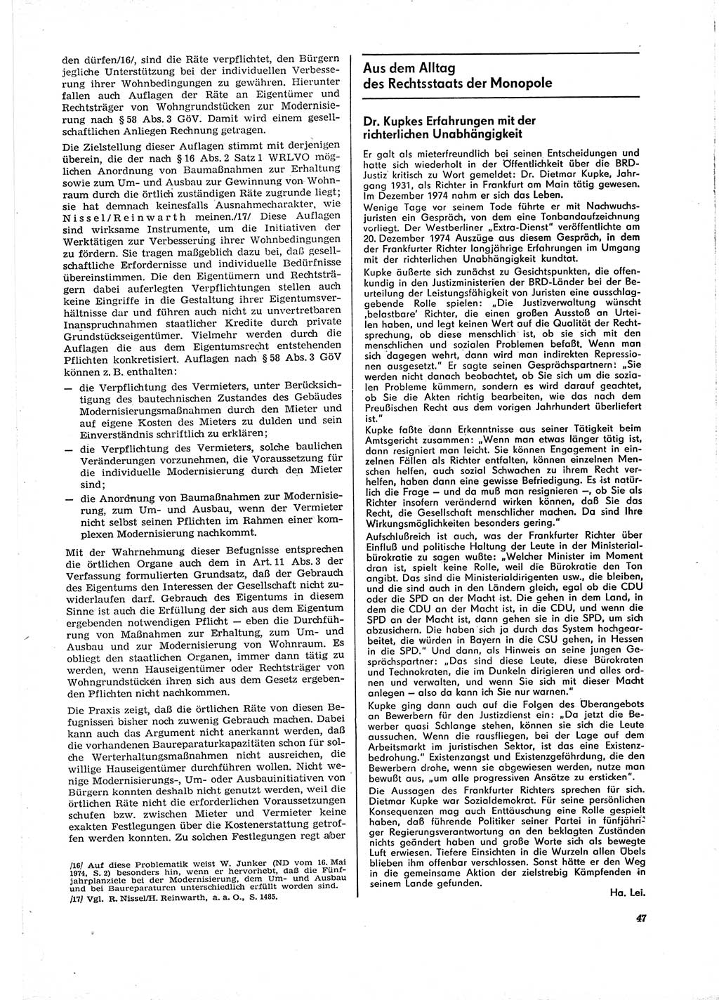 Neue Justiz (NJ), Zeitschrift für Recht und Rechtswissenschaft [Deutsche Demokratische Republik (DDR)], 29. Jahrgang 1975, Seite 47 (NJ DDR 1975, S. 47)