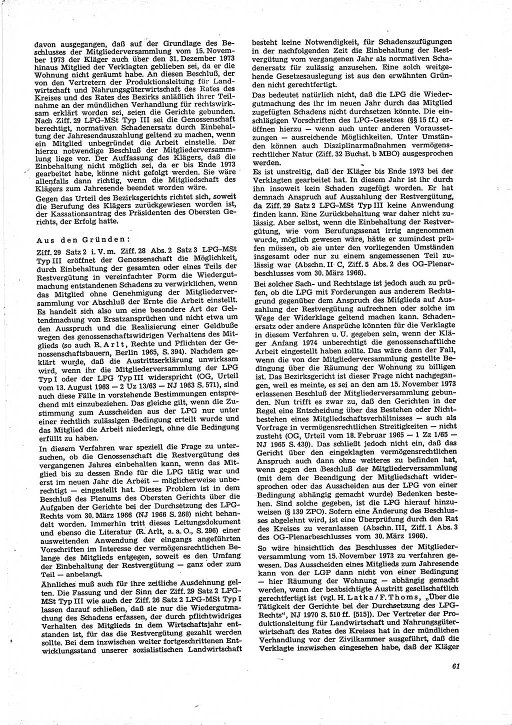 Neue Justiz (NJ), Zeitschrift für Recht und Rechtswissenschaft [Deutsche Demokratische Republik (DDR)], 29. Jahrgang 1975, Seite 61 (NJ DDR 1975, S. 61)