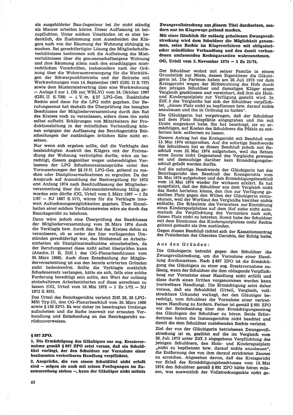 Neue Justiz (NJ), Zeitschrift für Recht und Rechtswissenschaft [Deutsche Demokratische Republik (DDR)], 29. Jahrgang 1975, Seite 62 (NJ DDR 1975, S. 62)