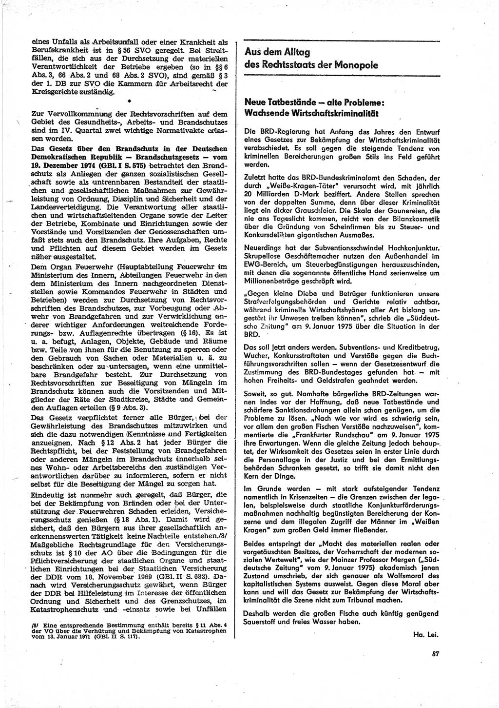 Neue Justiz (NJ), Zeitschrift für Recht und Rechtswissenschaft [Deutsche Demokratische Republik (DDR)], 29. Jahrgang 1975, Seite 87 (NJ DDR 1975, S. 87)