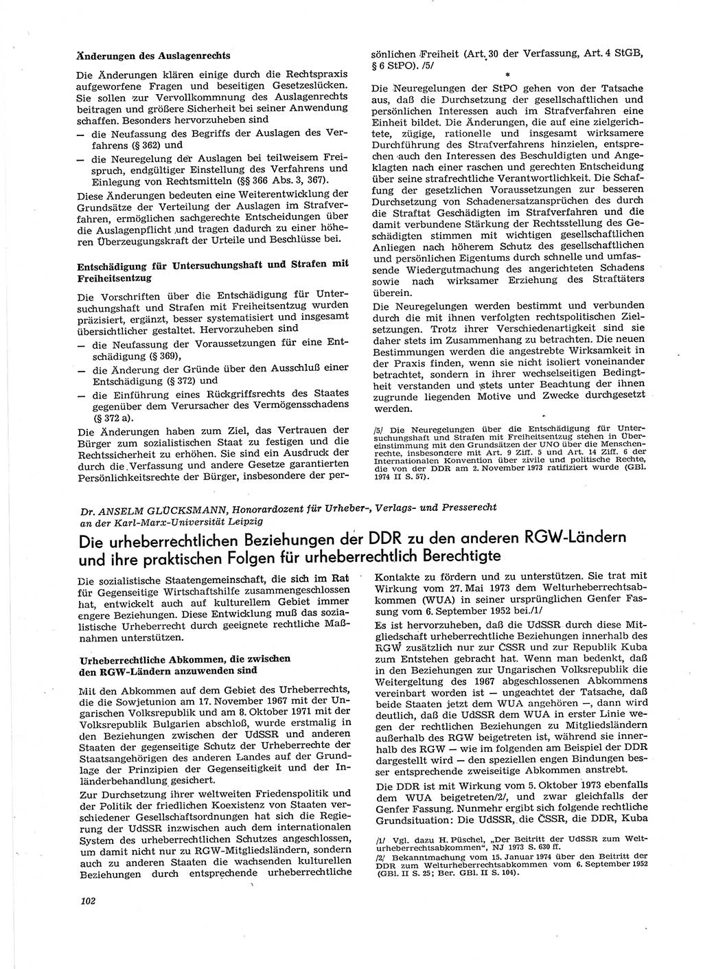 Neue Justiz (NJ), Zeitschrift für Recht und Rechtswissenschaft [Deutsche Demokratische Republik (DDR)], 29. Jahrgang 1975, Seite 102 (NJ DDR 1975, S. 102)