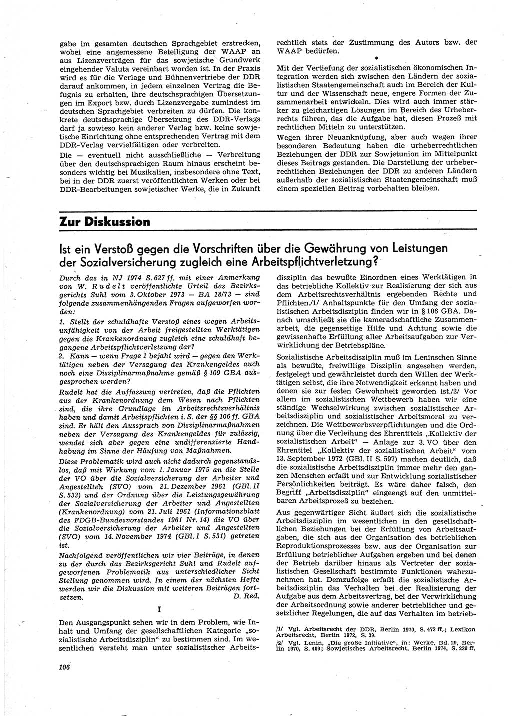 Neue Justiz (NJ), Zeitschrift für Recht und Rechtswissenschaft [Deutsche Demokratische Republik (DDR)], 29. Jahrgang 1975, Seite 106 (NJ DDR 1975, S. 106)