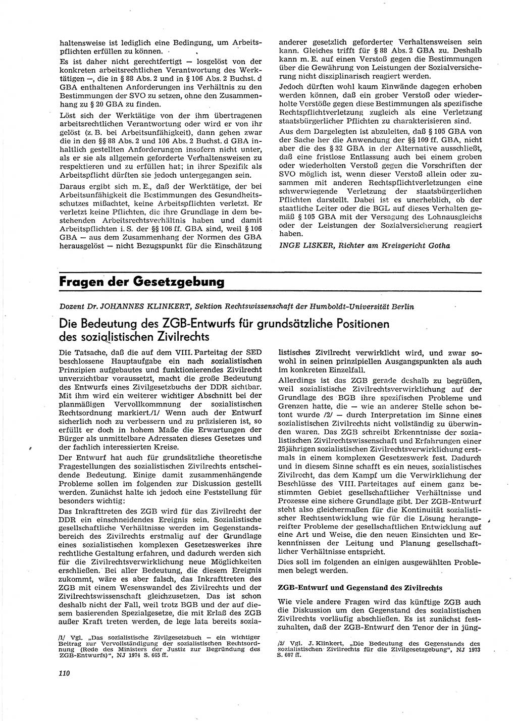 Neue Justiz (NJ), Zeitschrift für Recht und Rechtswissenschaft [Deutsche Demokratische Republik (DDR)], 29. Jahrgang 1975, Seite 110 (NJ DDR 1975, S. 110)