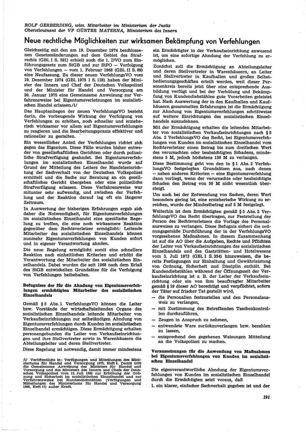 Neue Justiz (NJ), Zeitschrift für Recht und Rechtswissenschaft [Deutsche Demokratische Republik (DDR)], 29. Jahrgang 1975, Seite 191 (NJ DDR 1975, S. 191)